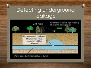 Detecting underground
leakage
Ratemeter record a high reading
above the leakage pipeGM-tube
Water added with radioactive sodium-24
 