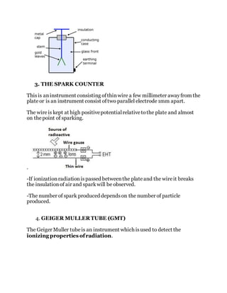 3. THE SPARK COUNTER
Thisis aninstrument consisting ofthinwire a few millimeter awayfrom the
plateor is an instrument consist oftwo parallel electrode1mm apart.
The wireis kept at high positivepotentialrelativetothe plate and almost
on thepoint of sparking.
.
-If ionizationradiationispassed betweenthe plateand the wireit breaks
the insulationof air and sparkwill be observed.
-The number of spark produced dependson the number of particle
produced.
4. GEIGER MULLER TUBE (GMT)
The Geiger Muller tubeis an instrument which isused to detect the
ionizing properties ofradiation.
 