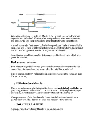 When ionizationentersa Geiger Muller tubethrough mica window some
argonatom are ionized. The negativeions produced are attractedtoward
the anode wireand the positiveions areattractedtoward thecathode.
A small current in the form of pulse is then produced in the circuitwhich is
amplified and is then sent to the rater meter. Therater meter will count and
record the averagecount ratein count/ sec or counts/min.
Sometimesa small loud speaker is incorporated inthecircuitswhich give
pulse for a series.
Back ground radiation
SometimesGeiger Muller tubegives some background count ofradiation
even if thereis no radioactivematerialinthe neighborhood why?
Thisis caused partlyby radioactiveimpuritiespresent inthe tubeand from
the surrounding.
5. Diffusion cloud chamber
Thisis aninstrument which isused to detect the individualparticles by
providing a record of their track. The instrument consist ofglass envelope
containing air saturatedwith mixtureofwater and ethanol vapor.
The appearanceofthe cloud tracksinthe cloud chamber dependson a
particleconcerned and it can be used as a massof identification.
 FOR ALPHA PARTICLE
Alpha particleleave straight tracksina cloud chamber.
 