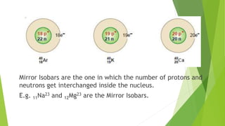 Mirror Isobars are the one in which the number of protons and
neutrons get interchanged inside the nucleus.
E.g. 11Na23 and 12Mg23 are the Mirror Isobars.
 