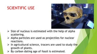 SCIENTIFIC USE
 Size of nucleus is estimated with the help of alpha
scattering.
 Alpha particles are used as projectiles for nuclear
reactions.
 In agricultural science, tracers are used to study the
growth of plants.
 By carbon dating age of fossil is estimated.
 