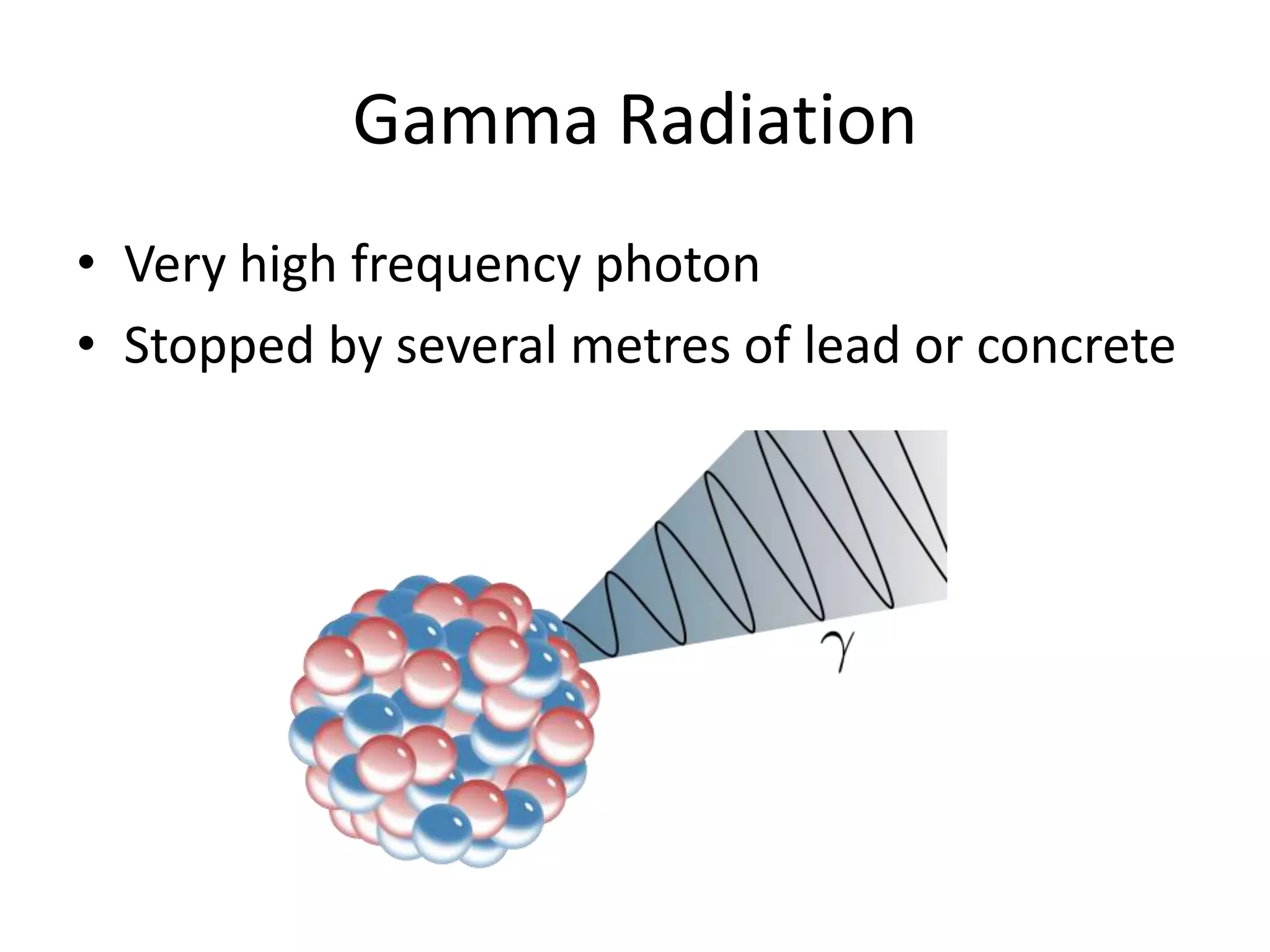Gamma Radiation
• Very high frequency photon
• Stopped by several metres of lead or concrete