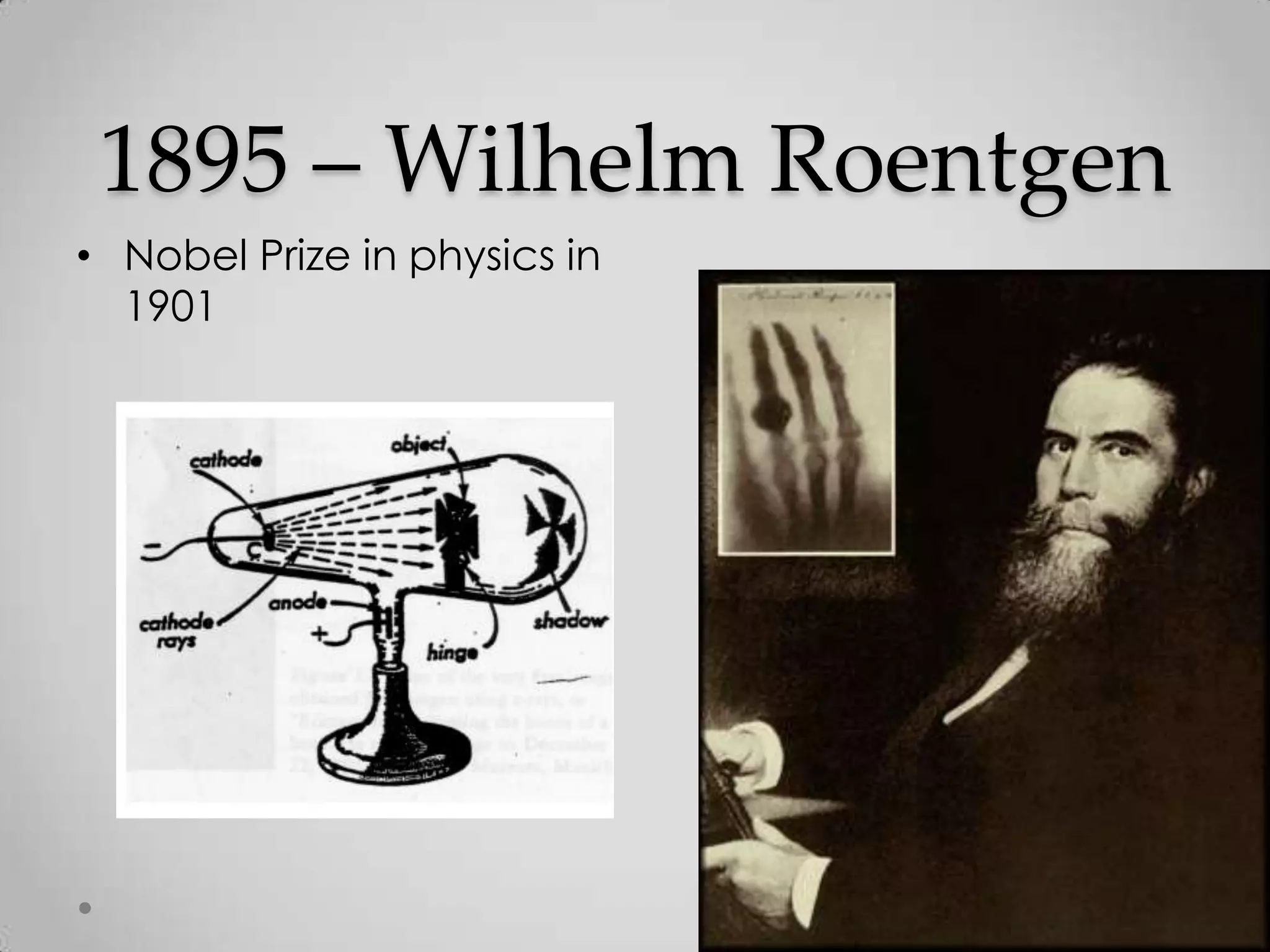 1895 – Wilhelm Roentgen
• Nobel Prize in physics in
1901
 