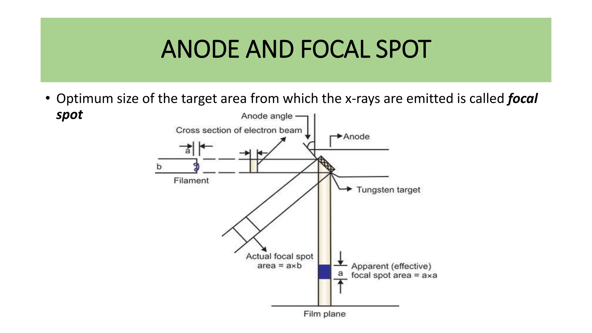 ANODE AND FOCAL SPOT
• Optimum size of the target area from which the x-rays are emitted is called focal
spot
 
