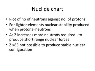 Nuclide chart
• Plot of no of neutrons against no. of protons
• For lighter elements nuclear stability produced
when protons=neutrons
• As Z increases more neutrons required -to
produce short range nuclear forces
• Z >83 not possible to produce stable nuclear
configuration
 