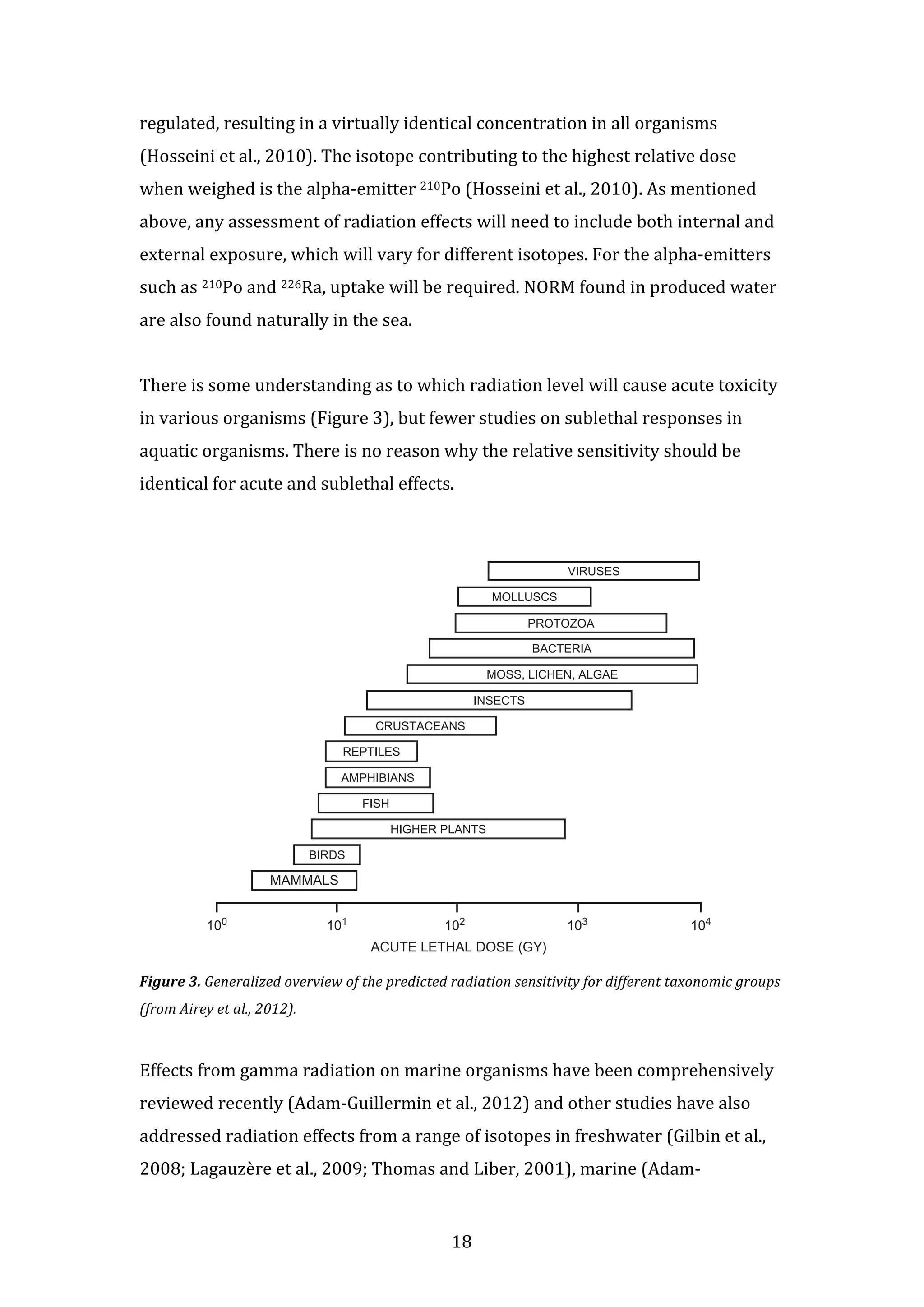regulated, 
resulting 
in 
a 
virtually 
identical 
concentration 
in 
all 
organisms 
(Hosseini 
et 
al., 
2010). 
The 
isotope 
contributing 
to 
the 
highest 
relative 
dose 
when 
weighed 
is 
the 
alpha-­‐emitter 
210Po 
(Hosseini 
et 
al., 
2010). 
As 
mentioned 
above, 
any 
assessment 
of 
radiation 
effects 
will 
need 
to 
include 
both 
internal 
and 
external 
exposure, 
which 
will 
vary 
for 
different 
isotopes. 
For 
the 
alpha-­‐emitters 
such 
as 
210Po 
and 
226Ra, 
uptake 
will 
be 
required. 
NORM 
found 
in 
produced 
water 
are 
also 
found 
naturally 
in 
the 
sea. 
There 
is 
some 
understanding 
as 
to 
which 
radiation 
level 
will 
cause 
acute 
toxicity 
in 
various 
organisms 
(Figure 
3), 
but 
fewer 
studies 
on 
sublethal 
responses 
in 
aquatic 
organisms. 
There 
is 
no 
reason 
why 
the 
relative 
sensitivity 
should 
be 
identical 
for 
acute 
and 
sublethal 
effects. 
Chapter 1 The Scientific Basis 29 
CRUSTACEANS 
REPTILES 
AMPHIBIANS 
MOLLUSCS 
VIRUSES 
PROTOZOA 
BACTERIA 
MOSS, LICHEN, ALGAE 
INSECTS 
HIGHER PLANTS 
100 101 102 
103 104 
FISH 
ACUTE LETHAL DOSE (GY) 
BIRDS 
MAMMALS 
FIGURE 1.9 Lethal dose range. Approximate acute lethal dose ranges for various taxonomic 
groups. From Whicker and Schultz (1982); UNSCEAR (2008), with permission. 
The ionization process and resulting charged particles can subsequently 
produce significant damage to biological cells. Such damage is often referred 
to as direct effects. Much of the biological damage from radiation, however, is 
due to indirect effects from free radicals (Figure 1.10). Free radicals are the 
fragments of atoms that remain after ionization. Free radicals have an 
unpaired or odd number of orbital electrons, resulting in a high degree of 
chemical instability. Such free radicals can easily break chemical bonds and 
are a main cause of damage from radiation exposure. Free radicals react with 
cellular molecules within fractions of a second after their formation, thus they 
have a short life. The OHl free radical, formed by the ionization of cellular 
water, is among the most common because 18 
of the abundance of water in all 
biological tissues (about 80% of the mass of a living cell is water). To appre-ciate 
Figure 
3. 
Generalized 
overview 
of 
the 
predicted 
radiation 
sensitivity 
for 
different 
taxonomic 
groups 
(from 
Airey 
et 
al., 
2012). 
Effects 
from 
gamma 
radiation 
on 
marine 
organisms 
have 
been 
comprehensively 
reviewed 
recently 
(Adam-­‐Guillermin 
et 
al., 
2012) 
and 
other 
studies 
have 
also 
addressed 
radiation 
effects 
from 
a 
range 
of 
isotopes 
in 
freshwater 
(Gilbin 
et 
al., 
2008; 
Lagauzère 
et 
al., 
2009; 
Thomas 
and 
Liber, 
2001), 
marine 
(Adam-­‐ 
the quantity of free radicals produced, consider their concentration 
(expressed in terms of a G value, defined as the number of radicals produced 
 