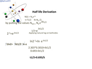 Half life Derivation
N(t) = Noe-λt
t=T1/2 N=N0 /2
by putting the values N0/2 = N0 e-λt1/2
1/2=e
-λt1/2
2-1=e-λt1/2 Applying natural log on bothsides
ln2-1=ln e-λt1/2
-1ln2= -λt1/2 ln e
2.303*0.3010=λt1/2
0.693=λt1/2
t1/2=0.693/λ
 
