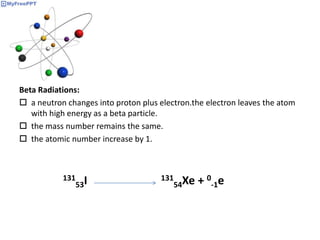 Beta Radiations:
 a neutron changes into proton plus electron.the electron leaves the atom
with high energy as a beta particle.
 the mass number remains the same.
 the atomic number increase by 1.
131
53I 131
54Xe + 0
-1e
 
