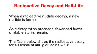 Radioactive Decay and Half-Life
•When a radioactive nuclide decays, a new
nuclide is formed.
•As disintegration proceeds, fewer and fewer
unstable atoms remain.
•The Table below shows the radioactive decay
for a sample of 400 g of iodine – 131
 