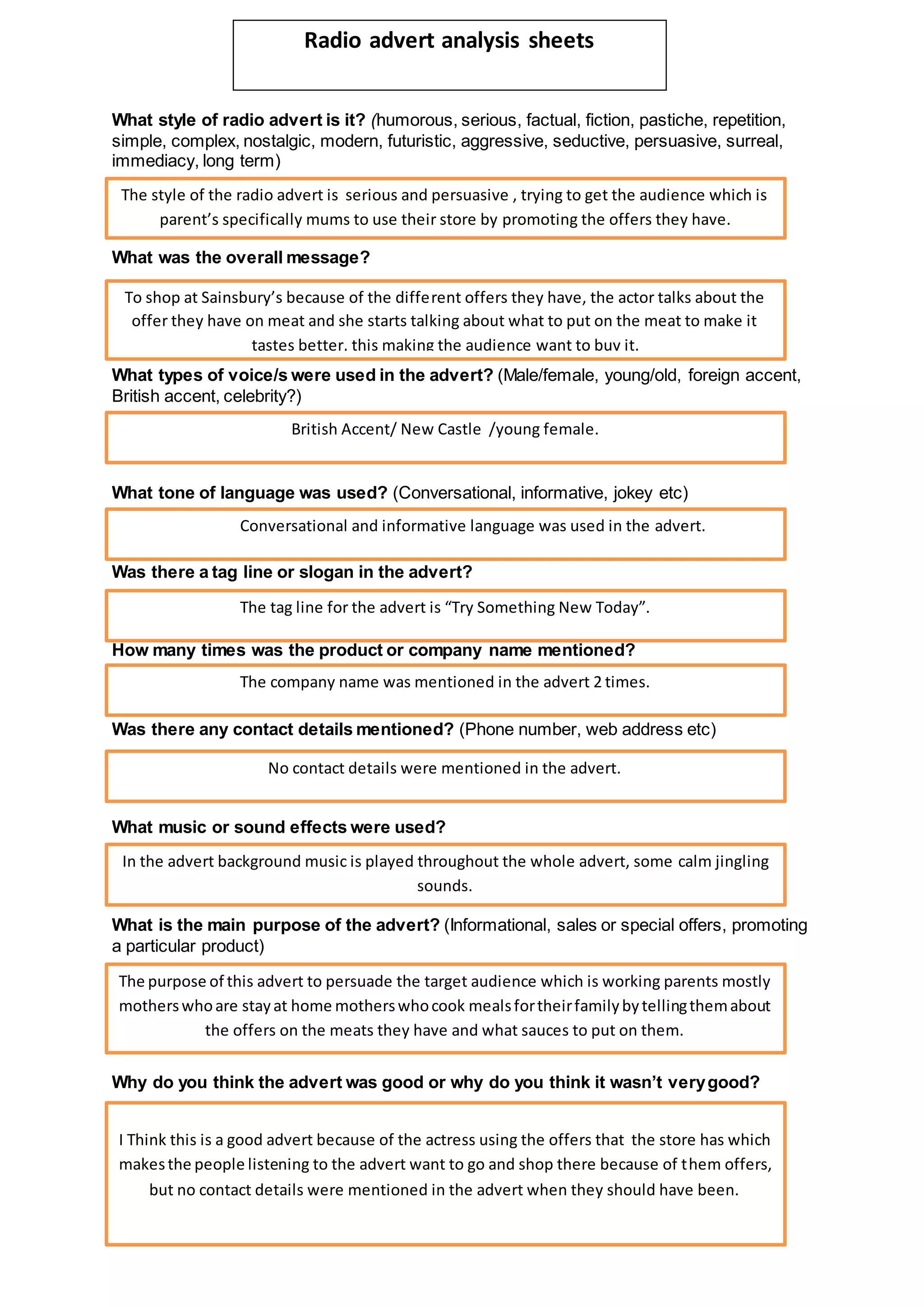 Radio advert analysis sheet (sainsburys) PDF