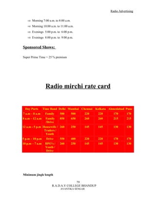 Radio Advertising


   ⇒ Morning 7:00 a.m. to 8:00 a.m.
   ⇒ Morning 10:00 a.m. to 11:00 a.m.
   ⇒ Evenings 5:00 p.m. to 6:00 p.m.
   ⇒ Evenings 8:00 p.m. to 9:00 p.m.


Sponsored Shows:

Super Prime Time + 25 % premium




                  Radio mirchi rate card


 Day Parts       Time Band Delhi Mumbai Chennai Kolkata Ahmedabad Pune
7 a.m – 8 a.m     Family    500       500   220    220     170       170
8 a.m – 12 a.m    Family    850       650   260    260     215       215
                  /Drive
12 a.m - 5 p.m Housewife / 260        250   145    145     130       130
                Traders /
                 Youth
5 p.m – 10 p.m     Drive    550       400   220    220     170       170
10 p.m – 7 a.m    BPO’s /   260       250   145    145     130       130
                  Youth /
                  Drive




Minimum jingle length

                                      79
                       R.A.D.A.V COLLEGE BHANDUP
                            AVANTIKA SENGAR
 