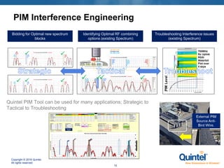 Copyright © 2018 Quintel.
All rights reserved.
15
PIM Interference Engineering
Bidding for Optimal new spectrum
blocks
Identifying Optimal RF combining
options (existing Spectrum)
Troubleshooting Interference issues
(existing Spectrum)
Quintel PIM Tool can be used for many applications; Strategic to
Tactical to Troubleshooting
 