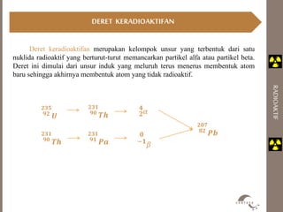 RADIOAKTIF 
DERET KERADIOAKTIFAN 
Deret keradioaktifan merupakan kelompok unsur yang terbentuk dari satu 
nuklida radioaktif yang berturut-turut memancarkan partikel alfa atau partikel beta. 
Deret ini dimulai dari unsur induk yang meluruh terus menerus membentuk atom 
baru sehingga akhirnya membentuk atom yang tidak radioaktif. 
ퟐퟑퟓ 
ퟗퟐ 푼 
ퟐퟑퟏ 
ퟗퟎ 푻풉 ퟐퟒ 
훼 
ퟐퟑퟏ 
ퟗퟎ 푻풉 
ퟐퟑퟏ 
ퟗퟏ 푷풂 
ퟎ 
−ퟏ훽 
ퟐퟎퟕ 
ퟖퟐ 푷풃 
 