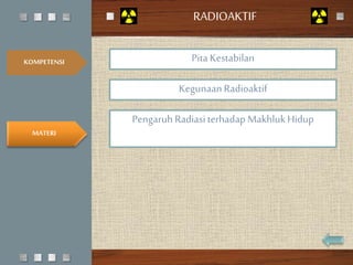 RADIOAKTIF 
KOMPETENSI 
MATERI 
TEST 
KOMPETENSI 
MATERI 
RADIOAKTIF 
Pita Kestabilan 
Kegunaan Radioaktif 
Pengaruh Radiasi terhadap Makhluk Hidup 
 