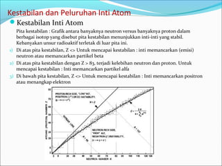 Kestabilan dan Peluruhan Inti Atom
Kestabilan Inti Atom
Pita kestabilan : Grafik antara banyaknya neutron versus banyaknya proton dalam
berbagai isotop yang disebut pita kestabilan menunjukkan inti-inti yang stabil.
Kebanyakan unsur radioaktif terletak di luar pita ini.
1) Di atas pita kestabilan, Z <> Untuk mencapai kestabilan : inti memancarkan (emisi)
neutron atau memancarkan partikel beta
2) Di atas pita kestabilan dengan Z > 83, terjadi kelebihan neutron dan proton. Untuk
mencapai kestabilan : Inti memancarkan partikel alfa
3) Di bawah pita kestabilan, Z <> Untuk mencapai kestabilan : Inti memancarkan positron
atau menangkap elektron
 