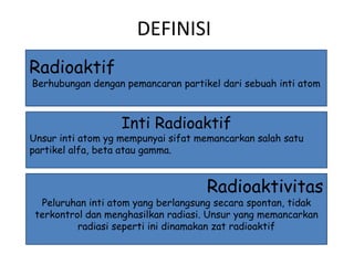 DEFINISI
Radioaktif
Berhubungan dengan pemancaran partikel dari sebuah inti atom



                   Inti Radioaktif
Unsur inti atom yg mempunyai sifat memancarkan salah satu
partikel alfa, beta atau gamma.


                                    Radioaktivitas
  Peluruhan inti atom yang berlangsung secara spontan, tidak
 terkontrol dan menghasilkan radiasi. Unsur yang memancarkan
          radiasi seperti ini dinamakan zat radioaktif
 