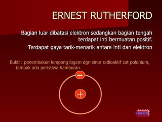 ERNEST RUTHERFORD Bagian luar dibatasi elektron sedangkan bagian tengah terdapat inti bermuatan positif. Terdapat gaya tarik-menarik antara inti dan elektron Bukti : penembakan lempeng logam dgn sinar radioaktif zat polonium, tampak ada peristiwa hamburan. + - 