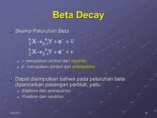 Beta Decay
    Skema Peluruhan Beta
               A        A
               Z   X     Y e
                       Z 1
               A        A
               Z   X     Y e
                       Z 1
            merupakan simbol dari neutrino
            merupakan simbol dari antineutrino

    Dapat disimpulkan bahwa pada peluruhan beta
    dipancarkan pasangan partikel, yaitu :
           Elektron dan antineutrino
           Positron dan neutrino


12/6/2011                                         18
 