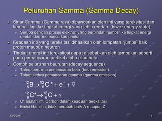 Peluruhan Gamma (Gamma Decay)
  Sinar Gamma (Gamma rays) dipancarkan oleh inti yang tereksitasi dan
  kembali lagi ke tingkat energi yang lebih rendah (lower energy state)
       Serupa dengan proses elektron yang berpindah “jumps” ke tingkat energi
        rendah dan memancarkan photon
  Keadaan inti yang tereksitasi dihasilkan oleh lompatan “jumps” baik
  proton maupun neutron
  Tingkat energi inti tereksitasi dapat disebabkan oleh tumbukan seperti
  pada pemancaran partikel alpha atau beta
  Contoh peluruhan beurutan (decay sequence)
       Tahap pertama pemancaran beta (beta emission)
       Tahap kedua pemancaran gamma (gamma emission)
            12        12
             5   B     6   C* e
            12         12
             6   C*     6   C
       C* adalah inti Carbon dalam keadaan tereksitasi
       Emisi Gamma, tidak merubah baik A maupun Z

12/6/2011                                                                    19
 