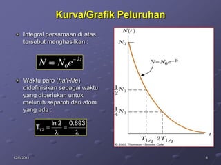 Kurva/Grafik Peluruhan
     Integral persamaan di atas
     tersebut menghasilkan :

                             t
             N       N0e
     Waktu paro (half-life)
     didefinisikan sebagai waktu
     yang diperlukan untuk
     meluruh separoh dari atom
     yang ada :

                   ln 2   0.693
            T1 2



12/6/2011                                    8
 
