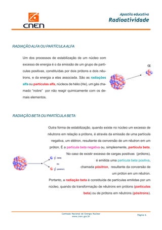 Apostila educativa
                                                                        Radioatividade



RADIAÇÃO ALFA OU PARTÍCULA ALFA


     Um dos processos de estabilização de um núcleo com

     excesso de energia é o da emissão de um grupo de partí-

     culas positivas, constituídas por dois prótons e dois nêu-

     trons, e da energia a elas associada. São as radiações

     alfa ou partículas alfa, núcleos de hélio (He), um gás cha-

     mado “nobre” por não reagir quimicamente com os de-

     mais elementos.




RADIAÇÃO BETA OU PARTÍCULA BETA


                       Outra forma de estabilização, quando existe no núcleo um excesso de

                       nêutrons em relação a prótons, é através da emissão de uma partícula

                         negativa, um elétron, resultante da conversão de um nêutron em um

                        próton. É a partícula beta negativa ou, simplesmente, partícula beta.

                                    No caso de existir excesso de cargas positivas (prótons),

                                                                é emitida uma partícula beta positiva,

                                                 chamada pósitron, resultante da conversão de

                                                                           um próton em um nêutron.

                       Portanto, a radiação beta é constituída de partículas emitidas por um

                       núcleo, quando da transformação de nêutrons em prótons (partículas

                                                    beta) ou de prótons em nêutrons (pósitrons).




                                Comissão Nacional de Energia Nuclear
                                                                                            Página 6
                                         www.cnen.gov.br
 