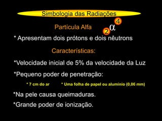 Simbologia das Radiações
Partícula Alfa
* Apresentam dois prótons e dois nêutrons
Características:
*Velocidade inicial de 5% da velocidade da Luz
*Pequeno poder de penetração:
* 7 cm do ar * Uma folha de papel ou alumínio (0,06 mm)
*Na pele causa queimaduras.
*Grande poder de ionização.
α2
4
 