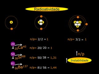 Radioatividade
                      -                     -

+                   + +                 +       +
                                                    -
                                            +
-                     -
                                            -



               n/p= 2/ 2 = 1        n/p= 3/ 3 = 1
20
     20Ca40    n/p= 20/ 20 = 1

50                                          n/p
     38Sr88    n/p= 50/ 38 = 1,31
                                      Instabilidade
81
     56Ba137   n/p= 81/ 56 = 1,44
 