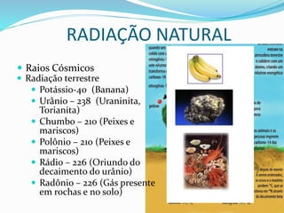 RADIAÇÃO NATURAL
 Raios Cósmicos
 Radiação terrestre
 Potássio-40 (Banana)
 Urânio – 238 (Uraninita,
Torianita)
 Chumbo – 210 (Peixes e
mariscos)
 Polônio – 210 (Peixes e
mariscos)
 Rádio – 226 (Oriundo do
decaimento do urânio)
 Radônio – 226 (Gás presente
em rochas e no solo)
 