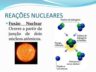 REAÇÕES NUCLEARES
 Fusão Nuclear
Ocorre a partir da
junção de dois
núcleos atômicos.
 