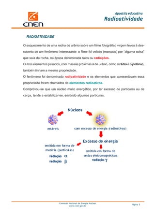 Apostila educativa
                                                                 Radioatividade


  RADIOATIVIDADE

O esquecimento de uma rocha de urânio sobre um filme fotográfico virgem levou à des-

coberta de um fenômeno interessante: o filme foi velado (marcado) por “alguma coisa”

que saía da rocha, na época denominada raios ou radiações.

Outros elementos pesados, com massas próximas à do urânio, como o rádio e o polônio,

também tinham a mesma propriedade.

O fenômeno foi denominado radioatividade e os elementos que apresentavam essa

propriedade foram chamados de elementos radioativos.

Comprovou-se que um núcleo muito energético, por ter excesso de partículas ou de

carga, tende a estabilizar-se, emitindo algumas partículas.




                          Comissão Nacional de Energia Nuclear
                                                                              Página 5
                                   www.cnen.gov.br
 