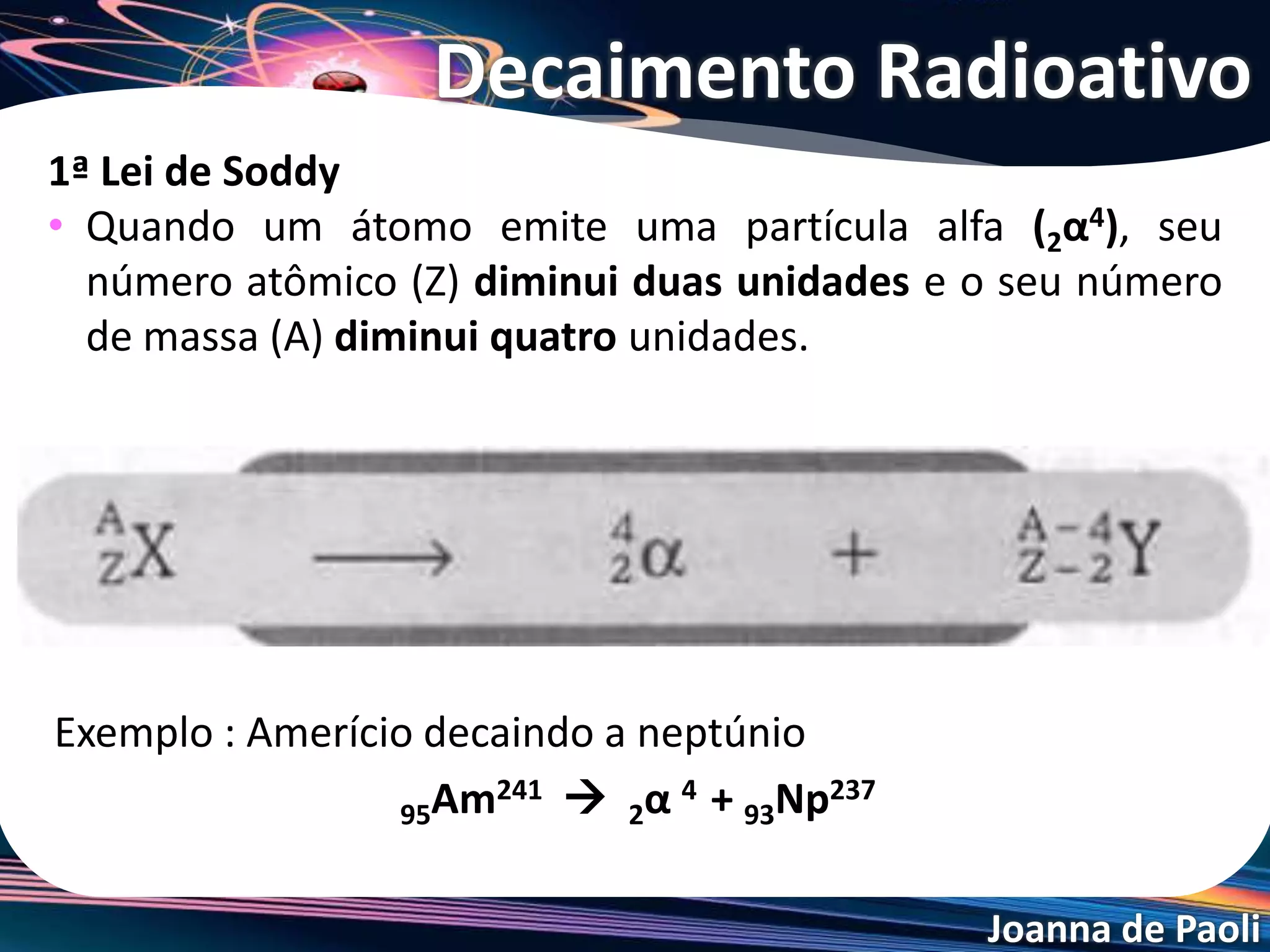 Joanna de Paoli
1ª Lei de Soddy
• Quando um átomo emite uma partícula alfa (2α4), seu
número atômico (Z) diminui duas unidades e o seu número
de massa (A) diminui quatro unidades.
Exemplo : Amerício decaindo a neptúnio
95Am241  2α 4 + 93Np237
Decaimento Radioativo
 