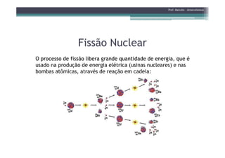 Fissão NuclearFissão Nuclear
O processo de fissão libera grande quantidade de energia, que é
usado na produção de energia elétrica (usinas nucleares) e nas
bombas atômicas, através de reação em cadeia:
Prof. Marcelo - @marceloteus
 