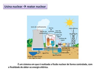 Usina nuclear  reator nuclear
É um sistema em que é realizada a fissão nuclear de forma controlada, com
a finalidade de obter-se energia elétrica.
 