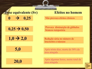 Dose equivalente (Sv)  Efeitos no homem 0     0,25 Não provoca efeitos clínicos 0,25    0,50 Provoca  diminuição de glóbulos brancos temporária 1,0    2,0 Redução séria no número de leucócitos e náuseas 5,0 Após trinta dias, morte de 50% da área atingida 20,0 Após algumas horas, morte total da área atingida 