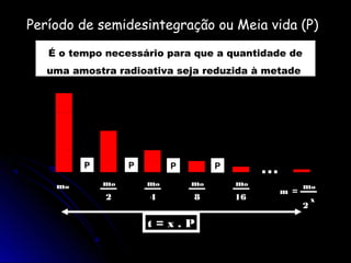 Período de semidesintegração ou Meia vida (P)
   É o tempo necessário para que a quantidade de
   uma amostra radioativa seja reduzida à metade




         P        P        P        P        ...
    mo       mo       mo       mo       mo               mo
                                                   m =
             2        4        8        16                   x
                                                         2

                      t=x.P
 