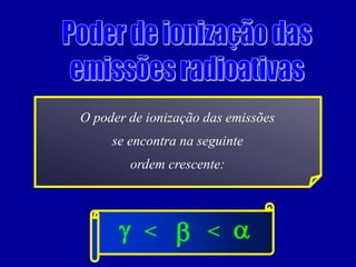 O poder de ionização das emissões 
se encontra na seguinte 
ordem crescente: 
g 
b 
a 
< 
<  