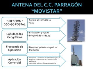 • Carrera 19 con Calle 13.
• 3001
DIRECCIÓN /
CÓDIGO POSTAL
• Latitud: 10° 4'2.75"N
• Longitud: 69°18'15.25"
Coordenadas
Geográficas
• Mecánica y electromagnética
Irradiadas
Frecuencia de
Operación
• Transmisión y Recepción de Señal Abierta paraTV.
• Recepción yTransmisión de Comunicaciones
Telefónicas.
• Transmisión por Fibra Óptica (BandaAncha
Aplicación
Comercial
 