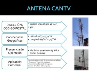 • Carrera 17 con Calle 46 y 47
• 3001
DIRECCIÓN /
CÓDIGO POSTAL
• Latitud: 10°3´45,39´´N
• Longitud:-69°20´12,13´´W
Coordenadas
Geográficas
• Mecánica y electromagnética
Ondas Guiadas
Frecuencia de
Operación
•Recepción y transmisión de comunicaciones radiales.
• Recepción y Transmisión de datos.
•Transmisión de Bandas de Emergencia.
•Emisión de Señales de Emergencia.
Aplicación
Comercial
 