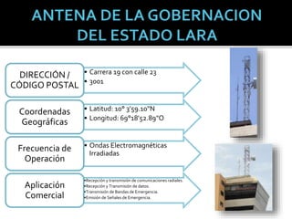 • Carrera 19 con calle 23
• 3001
DIRECCIÓN /
CÓDIGO POSTAL
• Latitud: 10° 3'59.10"N
• Longitud: 69°18'52.89"O
Coordenadas
Geográficas
• Ondas Electromagnéticas
Irradiadas
Frecuencia de
Operación
•Recepción y transmisión de comunicaciones radiales.
•Recepción y Transmisión de datos.
•Transmisión de Bandas de Emergencia.
•Emisión de Señales de Emergencia.
Aplicación
Comercial
 