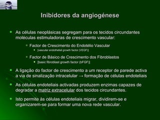 Inibidores da angiogénese As células neoplásicas segregam para os tecidos circundantes moléculas estimuladoras de crescimento vascular: Factor de Crescimento do Endotélio Vascular  [vascular endothelial growth factor (VEGF)] Factor de Básico de Crescimento dos Fibroblastos  [basic fibroblast growth factor (bFGF)] A ligação do factor de crescimento a um receptor de parede activa a via de sinalização intracelular  ->  formação de células endoteliais As células endoteliais activadas produzem enzimas capazes de degradar a  matriz extracelular  dos tecidos circundantes. Isto permite às células endoteliais migrar, dividirem-se e organizarem-se para formar uma nova rede vascular. 