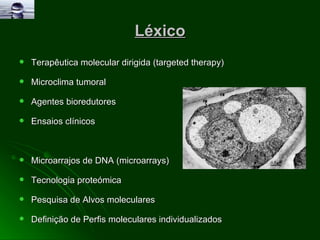 Léxico Terapêutica molecular dirigida (targeted therapy)  Microclima tumoral  Agentes bioredutores  Ensaios clínicos Microarrajos de DNA (microarrays) Tecnologia proteómica  Pesquisa de Alvos moleculares Definição de Perfis moleculares individualizados 