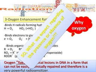 3-Oxygen Enhancement Ratio (OER)
Why
oxygen
-Binds H radicals forming hydrogen peroxide
H. + O2 HO2
. (+HO2
. ) H2O2 (+O2)
-Binds electrons to give superoxide
e- + O2 O2
- + (H2O) HO2
. + OH-
-Binds organic radicals to form peroxides
R.
+ O2 RO2
. (radical peroxide)
RO2
. + R’ H ROOH + R’ (hydroperoxide)
RO2
. + R’.
ROOR’ (peroxide)
Oxygen “fixes” the radical lesions in DNA in a form that
can not be easily chemically repaired and therefore is a
very powerful radiosensitizer.
 
