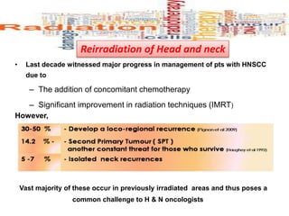 • Last decade witnessed major progress in management of pts with HNSCC
due to
– The addition of concomitant chemotherapy
– Significant improvement in radiation techniques (IMRT)
However,
Vast majority of these occur in previously irradiated areas and thus poses a
common challenge to H & N oncologists
Reirradiation of Head and neck
 
