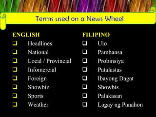 ENGLISH
 Headlines
 National
 Local / Provincial
 Infomercial
 Foreign
 Showbiz
 Sports
 Weather
FILIPINO
 Ulo
 Pambansa
 Probinsiya
 Patalastas
 Ibayong Dagat
 Showbis
 Palakasan
 Lagay ng Panahon
 
