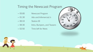 Timing the Newscast Program
 05:00 Newscast Program
 01:30 Ads and Infomercial/s
 00:10 Station ID
 00:30 Intro, Bumpers, and Teasers
 02:50 Time left for News
 
