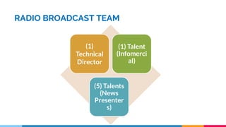 RADIO BROADCAST TEAM
(1)
Technical
Director
(1) Talent
(Infomerci
al)
(5) Talents
(News
Presenter
s)
 