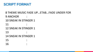 SCRIPT FORMAT
8 THEME MUSIC FADE UP…ETAB…FADE UNDER FOR
9 ANCHOR :
10 SNEAK IN STINGER 1
11 :
12 SNEAK IN STINGER 1
13 :
14 SNEAK IN STINGER 1
15 :
16 :
 