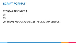 SCRIPT FORMAT
17 SNEAK IN STINGER 1
18 :
19 :
20 THEME MUSIC FADE UP…ESTAB…FADE UNDER FOR
 