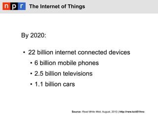 The Internet of Things




By 2020:

•  22 billion internet connected devices
  •  6 billion mobile phones
  •  2.5 billion televisions
  •  1.1 billion cars



                   Source: Read Write Web, August, 2010 | http://rww.to/d51hno
 