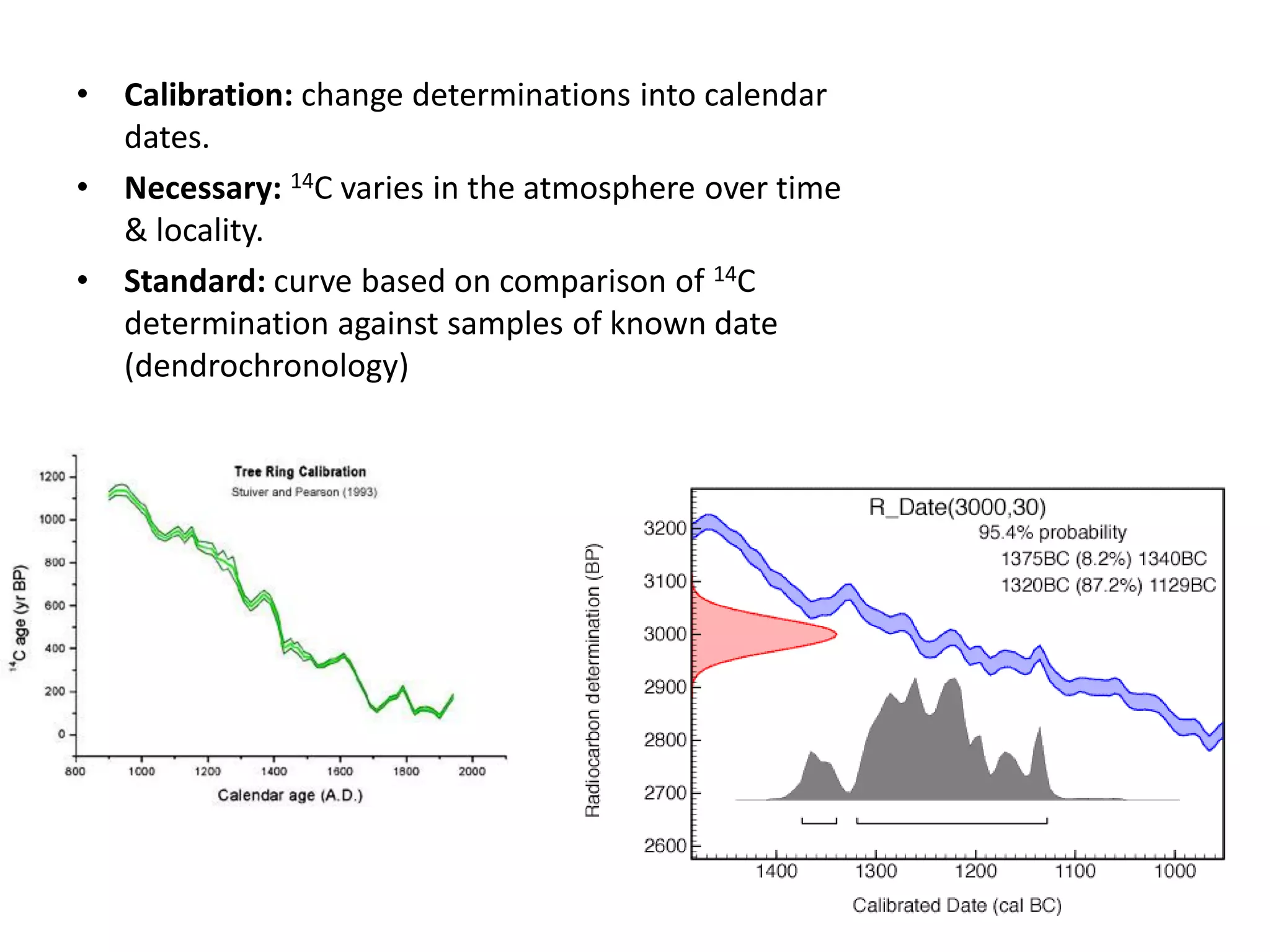 •   Calibration: change determinations into calendar
    dates.
•   Necessary: 14C varies in the atmosphere over time
    & locality.
•   Standard: curve based on comparison of 14C
    determination against samples of known date
    (dendrochronology)
 